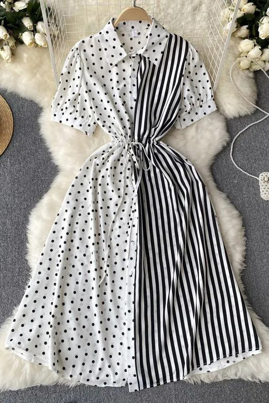 Dress Casual All Match Patchwork Dots and Stripes Print Shirt Dress Fake Two Piece Set
