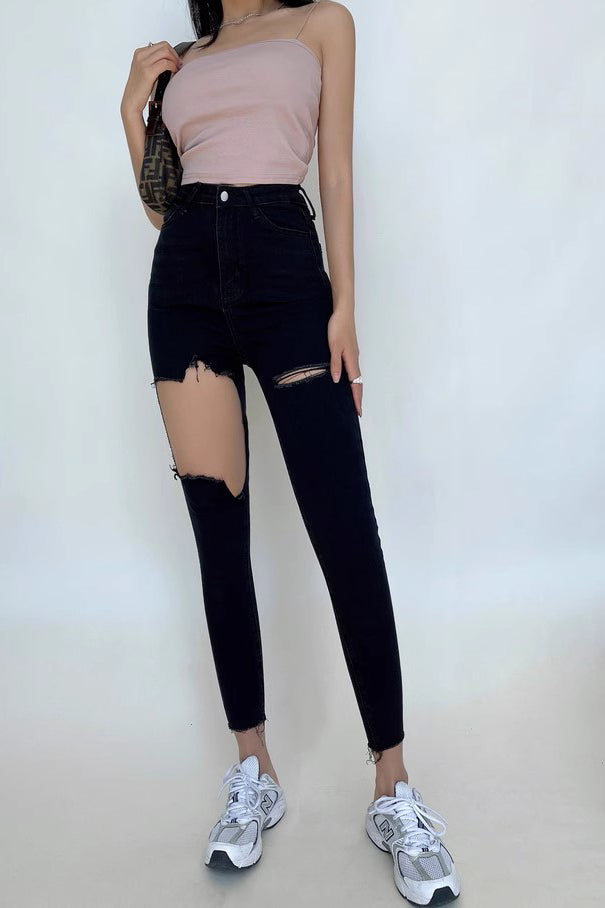 Tight Wrap Hip High Waist Big Hole Jeans