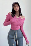 Cross Wrapped Chest Long Sleeve T-Shirt Hanging Neck Fake Two Piece Top