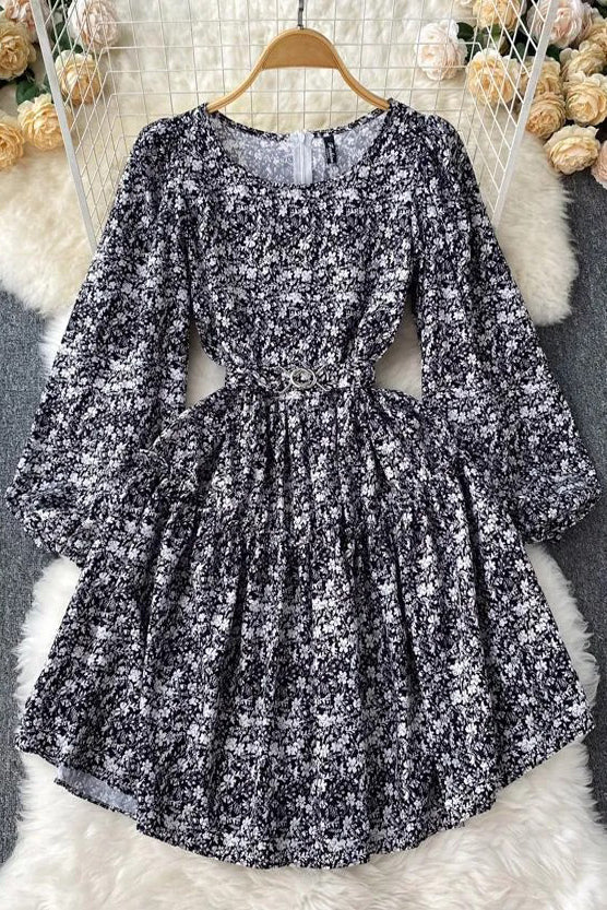 Elegant Lantern Sleeve Print Floral Casual A-line Dress With Belt