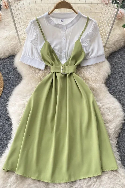 Shirt Dress Fake Two Piece Set Streetwear Midi Long Dress with Belt