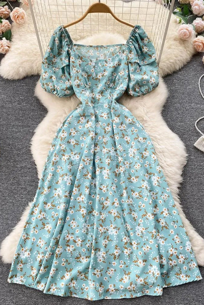 Dress Ruffled Puff Sleeve Slim Lace Up Floral Print Long Dress