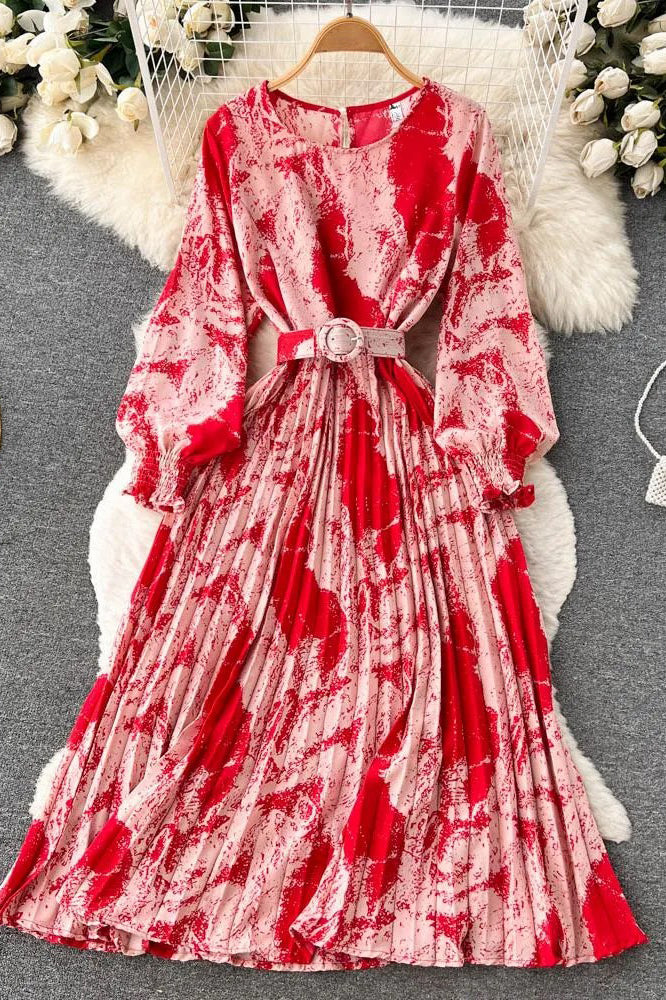 Dress Print Pleated Long Dress Female Elegant Sash Bandage Party Dress