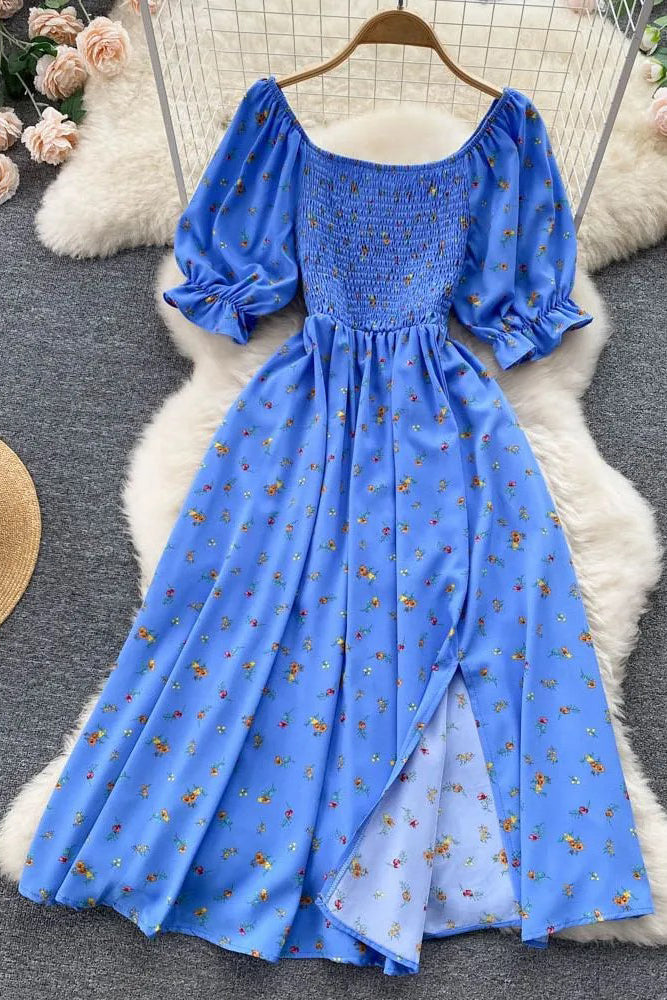 Dress Romantic Floral Print Split Long Dress
