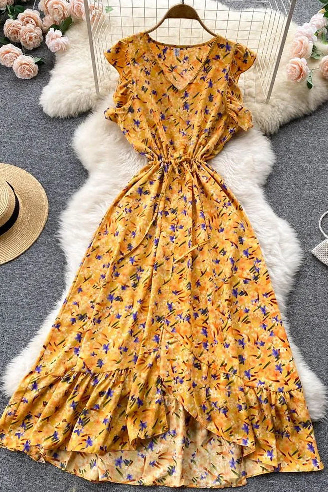 Floral Print Dress Casual Ruffled Elastic Waist Asymmetrical Long Dress