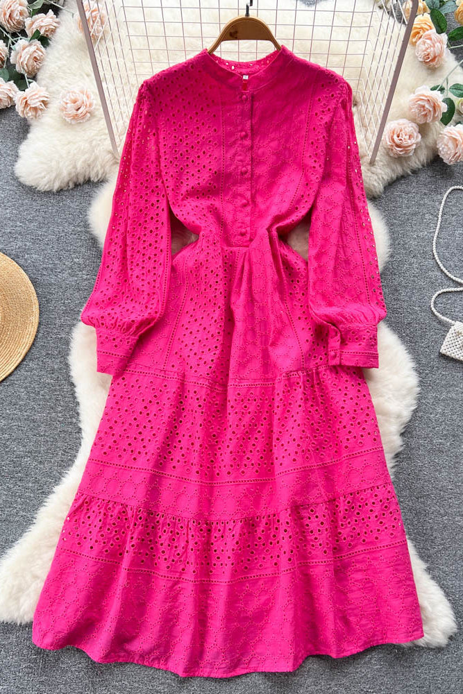 Embroidery Dress Lantern Sleeve Slim Hollow Out Ladies A Line Long Dress