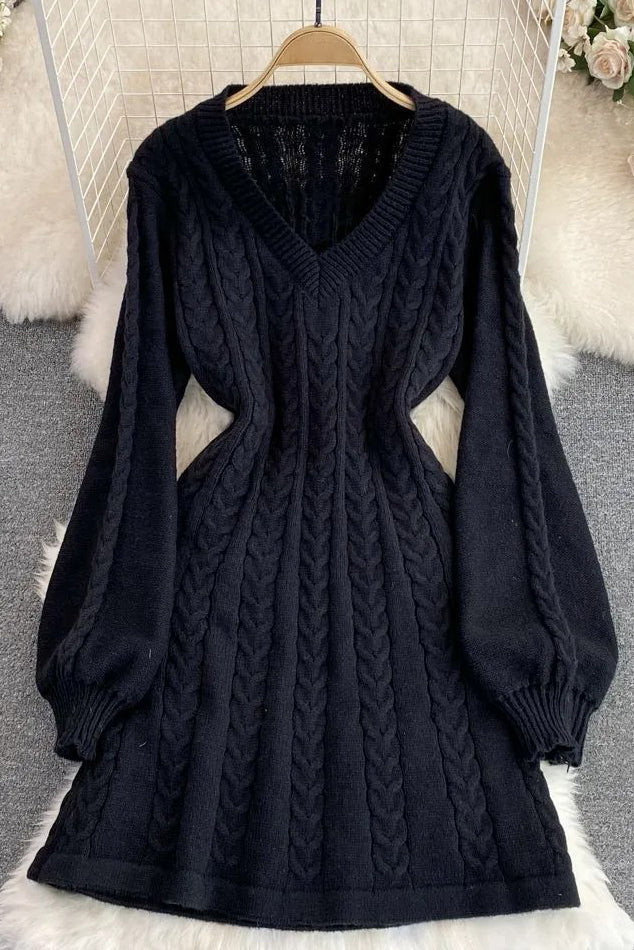 Knitted Dress Elegant Puff Sleeve A-line Short Dress