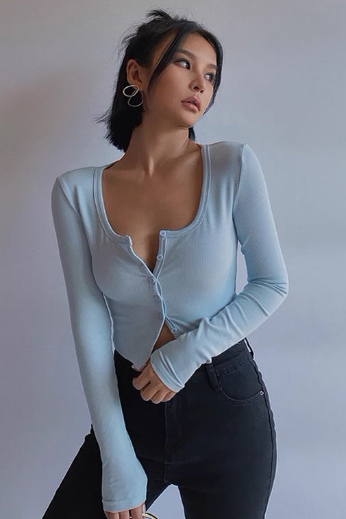 Elastic Tight U-Neck Long Sleeved High Waisted Top