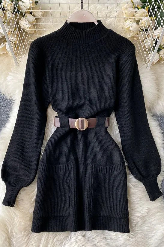 Sash Bandage Dress Elegant Puff Sleeve Knitted Short Dress