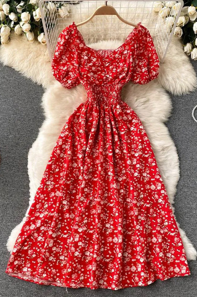 Dress V-Neck Puff Sleeve Floral Print Elastic Corset Dress