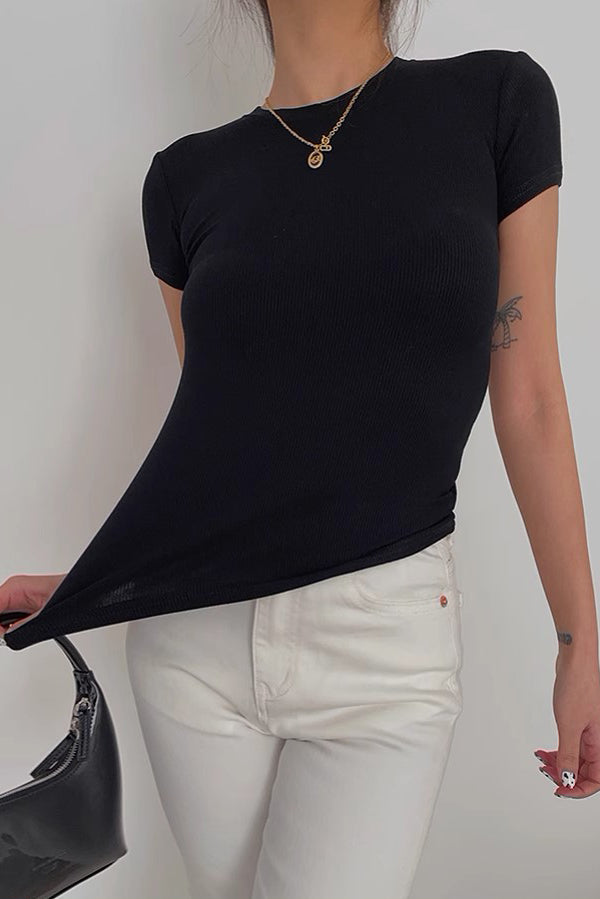 Elastic Tight Round Neck Short Sleeved T-Shirt Top