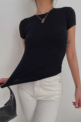 Elastic Tight Round Neck Short Sleeved T-Shirt Top