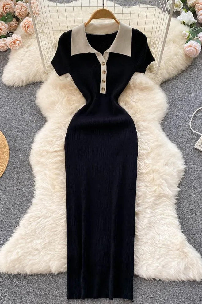 Dress Short Sleeve Slim Knitted Sweater Dress Casual Polo Buttons Long Dress