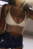 Rhinestone Detail Crop Mesh Top Without Bra