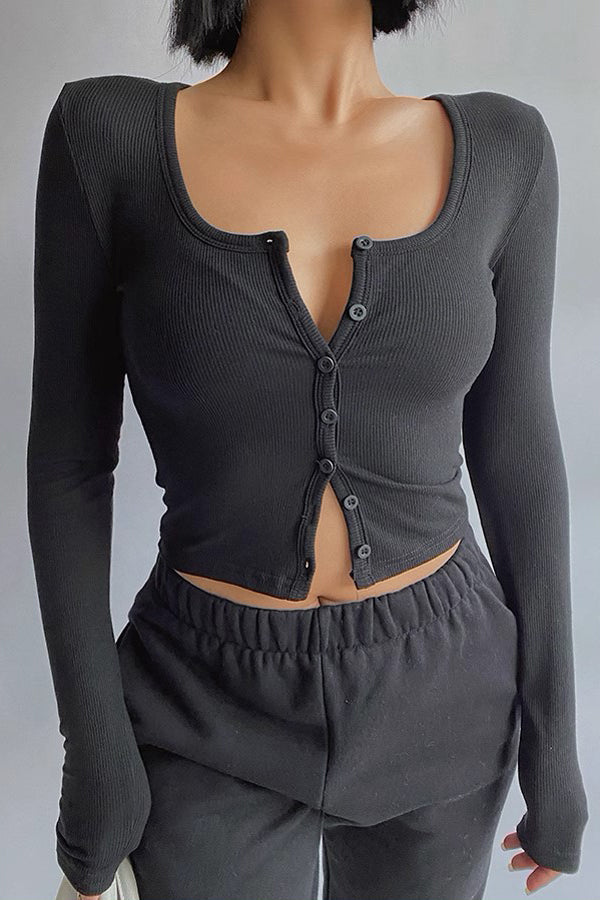 Elastic Tight U-Neck Long Sleeved High Waisted Top