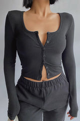 Elastic Tight U-Neck Long Sleeved High Waisted Top