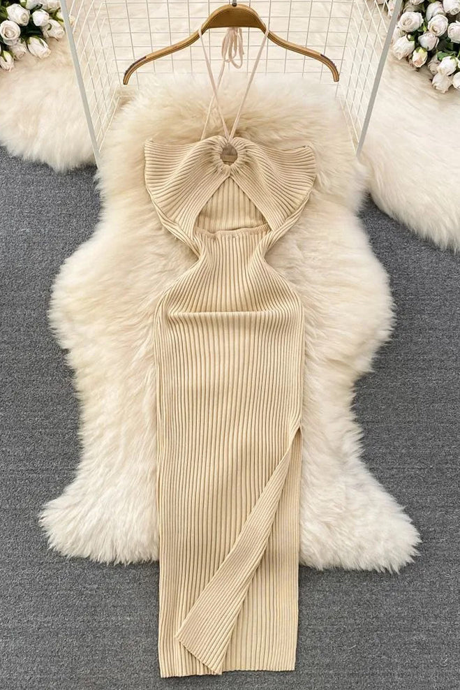 Dress Knitted Strapless Wrap Hips High Split Bodycon Dress