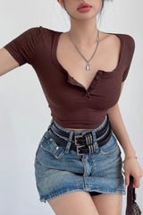 High Waist Button-Neck Short Sleeve T-Shirt Top