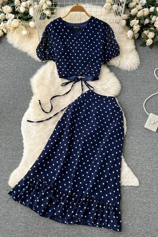 Polka Dot Bandage Crop Tops + High Waist Ruffle Skirts Female Two Piece