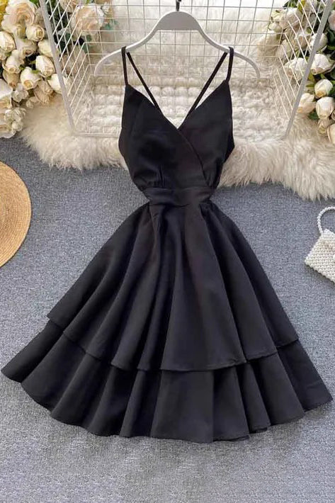 Backless Bow Bandage Beach Dress V-neck Strap Double Ruffles Short Dress