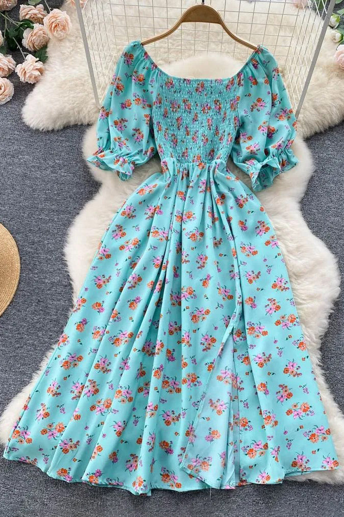 Dress Romantic Floral Print Split Long Dress