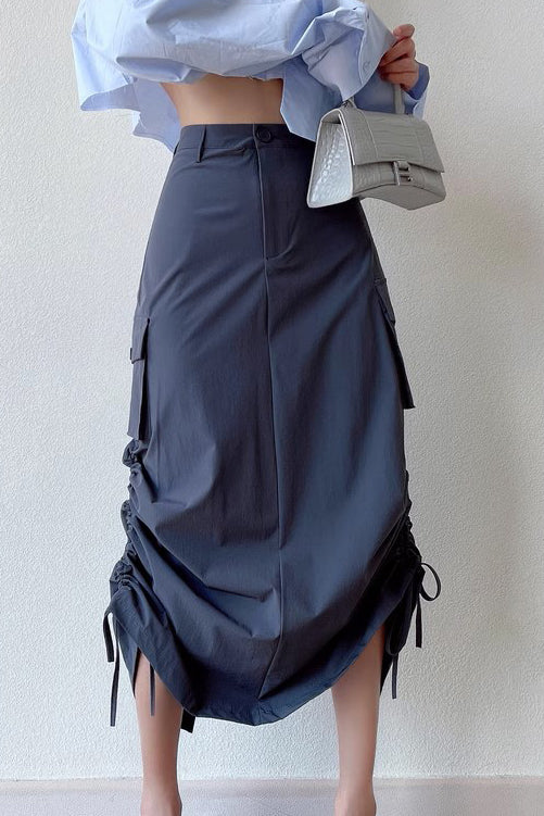 High Waisted Split Drawstring Hem Half Length Skirt