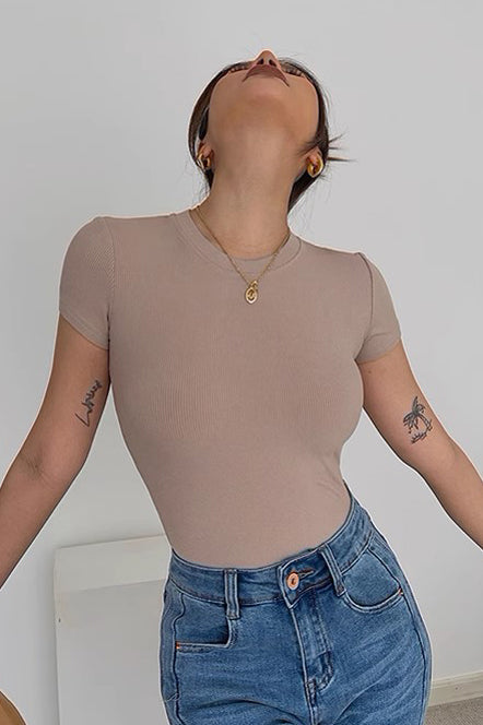 Elastic Tight Round Neck Short Sleeved T-Shirt Top
