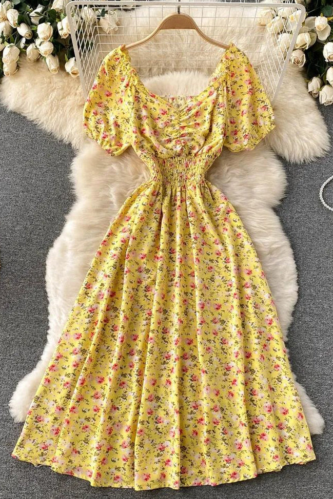 Dress V-Neck Puff Sleeve Floral Print Elastic Corset Dress