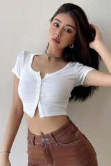 Pleated Button Short Sleeve Knitted T-Shirt High Waist Open Umbilical Short Top