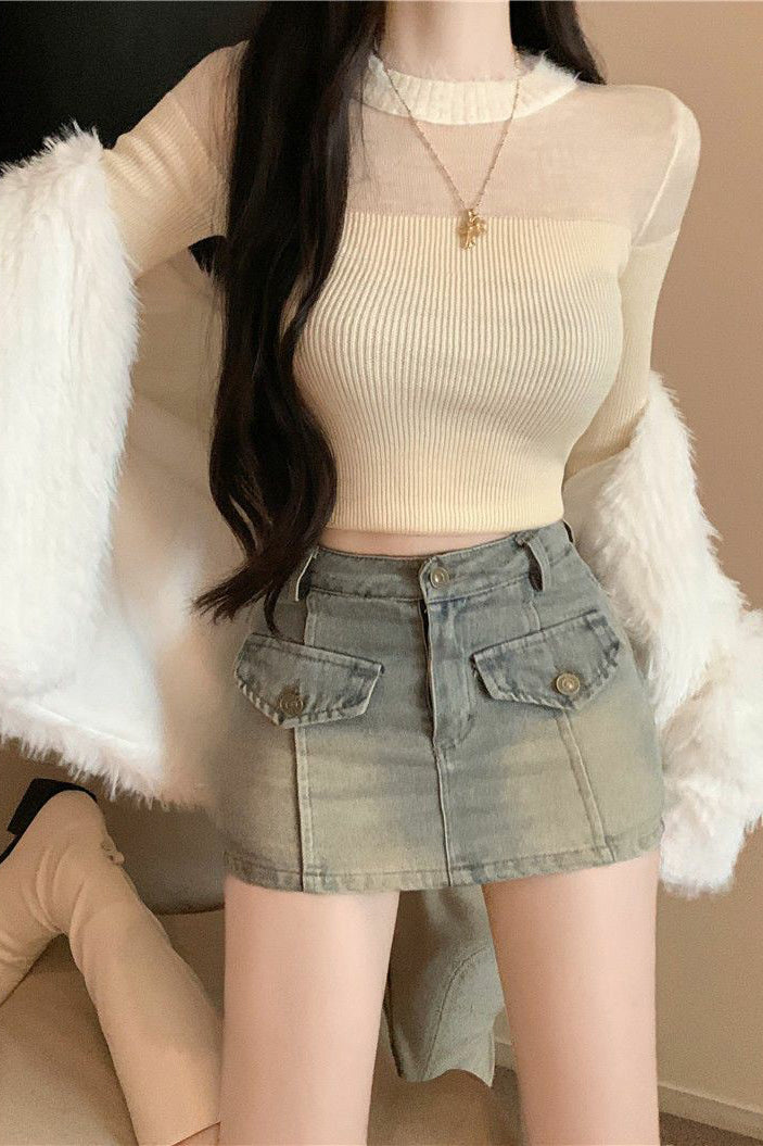 Retro High Waist Denim Skirt