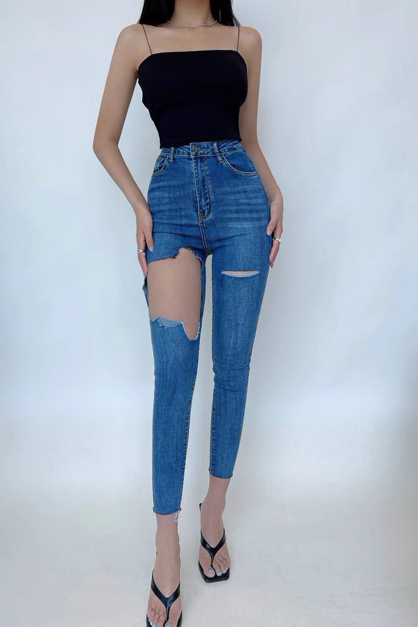 Tight Wrap Hip High Waist Big Hole Jeans