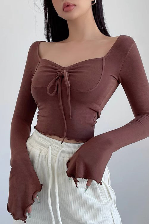 V-Neck Pleated Drawstring Long Sleeved T-Shirt with Flared Sleeves