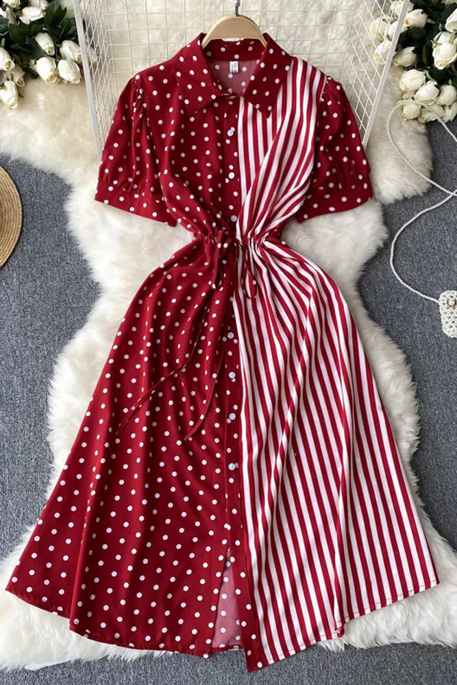 Dress Casual All Match Patchwork Dots and Stripes Print Shirt Dress Fake Two Piece Set