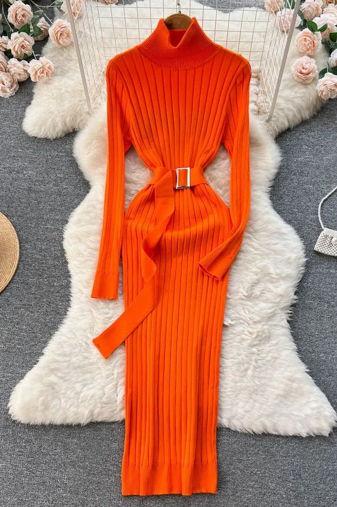 Dress Elegant Turtleneck Knitted Sweater Dress with Belt Lady Wrap Hips Bodycon