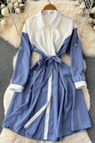 Belt Patchwork Long Sleeve Dress All Match Blouse Shirt Dress