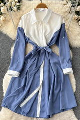 Belt Patchwork Long Sleeve Dress All Match Blouse Shirt Dress