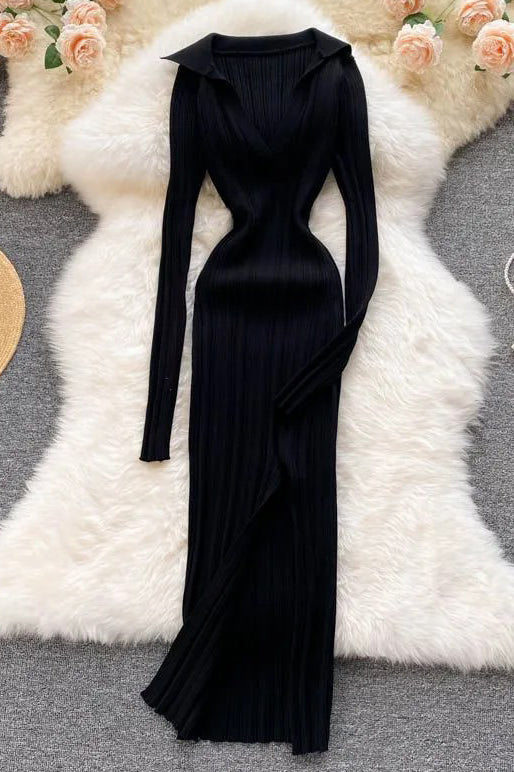 Split Fancy Dress Slim Elastic Wrap Hips Knitted Dress