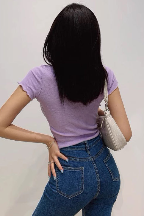 High Waist Top Elastic Tight V-Neck Short Sleeve T-Shirt