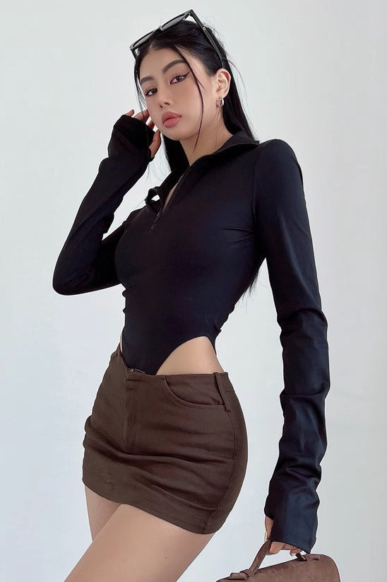 Tight Half Zippered Lapel Bodysuit