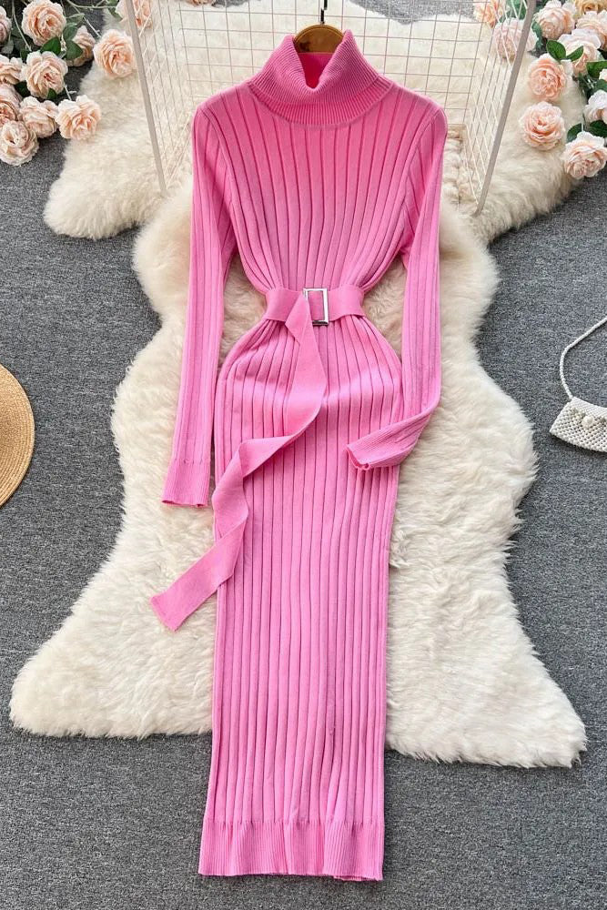 Dress Elegant Turtleneck Knitted Sweater Dress with Belt Lady Wrap Hips Bodycon