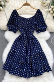 Elegant Cascading Ruffles Dress Vintage Puff Sleeve Print Polka Dot Short Party Dress