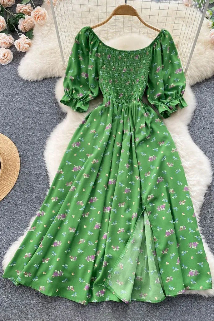 Dress Romantic Floral Print Split Long Dress
