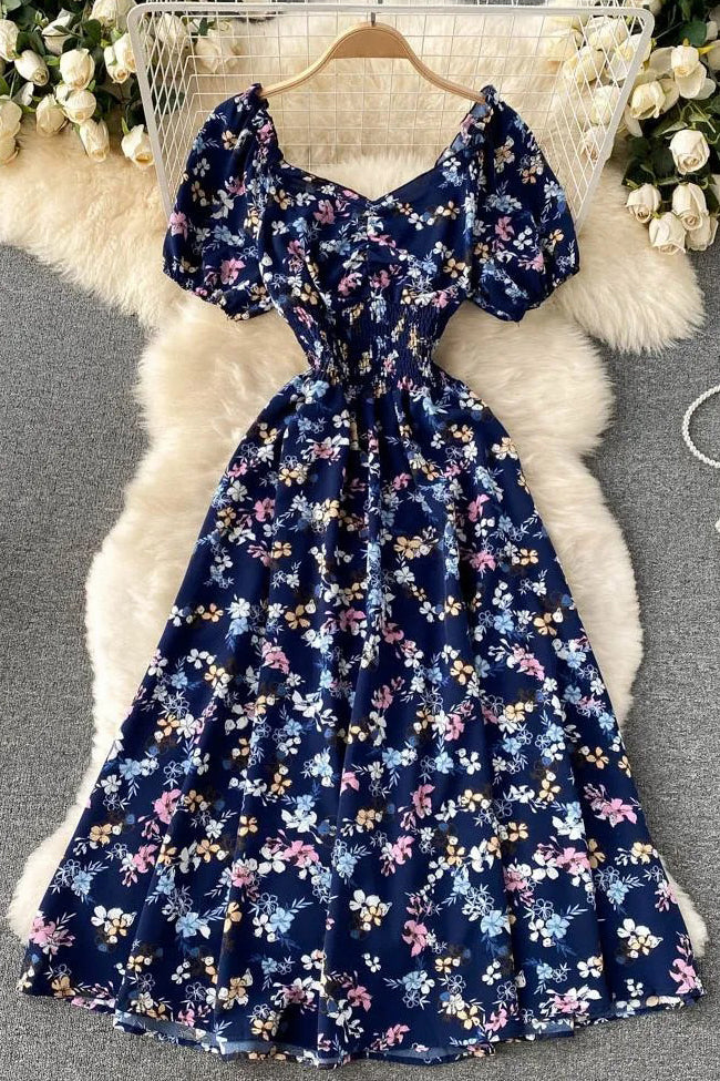 Dress V-Neck Puff Sleeve Floral Print Elastic Corset Dress