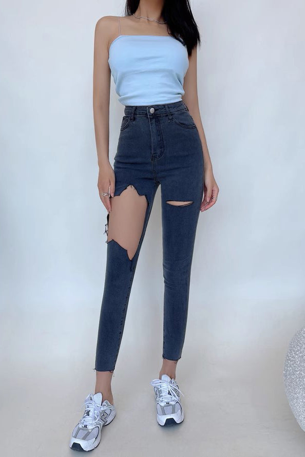 Tight Wrap Hip High Waist Big Hole Jeans