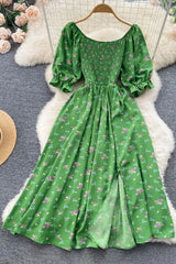 Dress Romantic Floral Print Split Long Dress