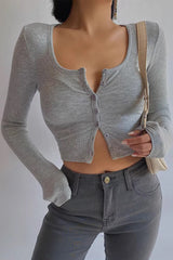 Elastic Tight U-Neck Long Sleeved High Waisted Top