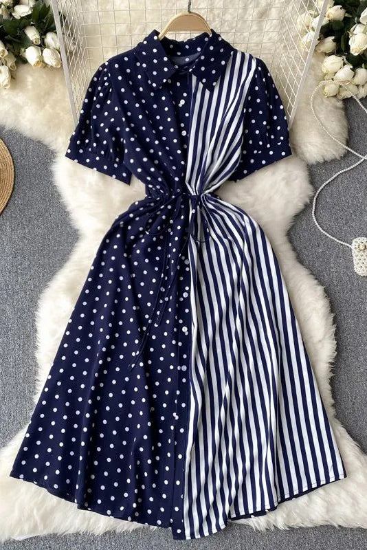 Dress Casual All Match Patchwork Dots and Stripes Print Shirt Dress Fake Two Piece Set