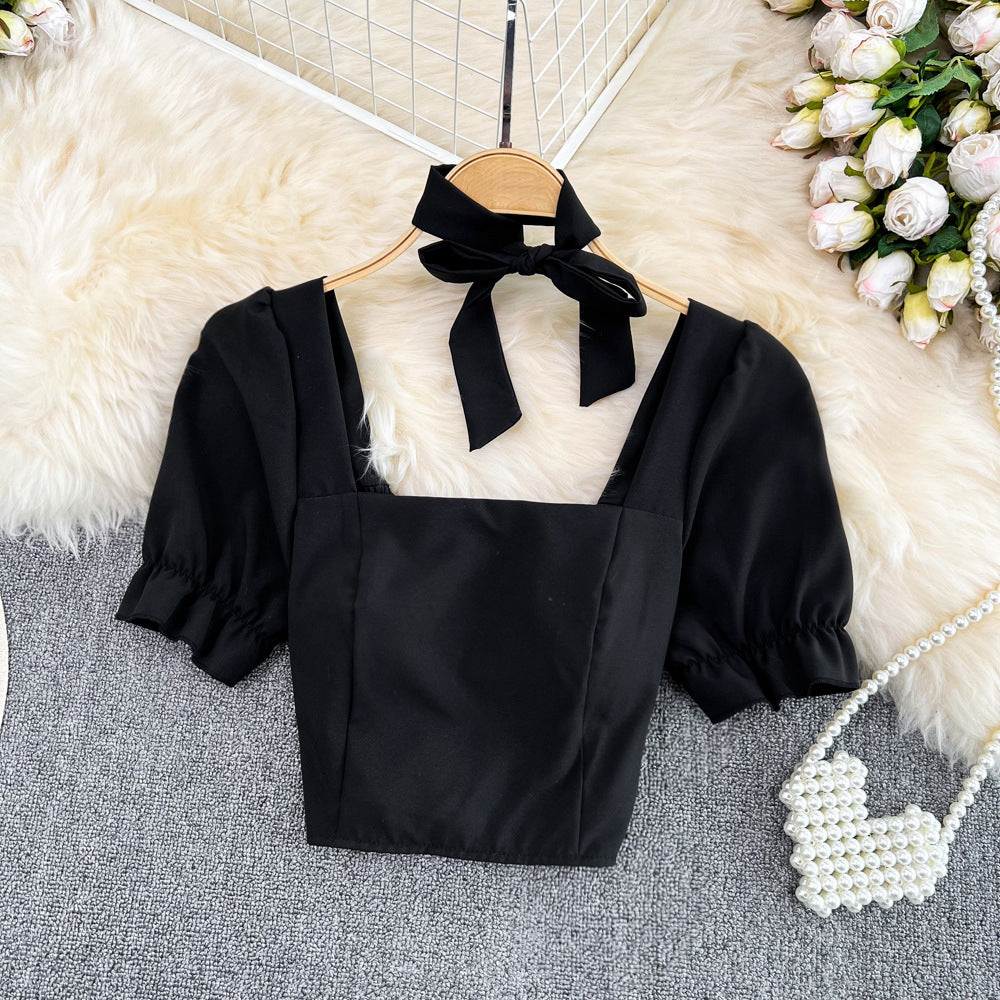 Bow Square Neck Short Sleeve Crop Top