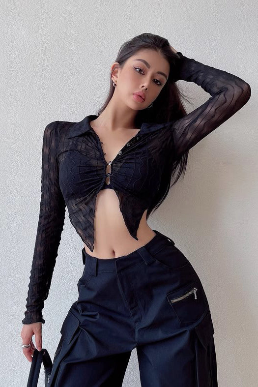 High Waist Hollow Out Perspective Lace Shirt