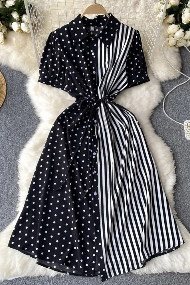 Dress Casual All Match Patchwork Dots and Stripes Print Shirt Dress Fake Two Piece Set